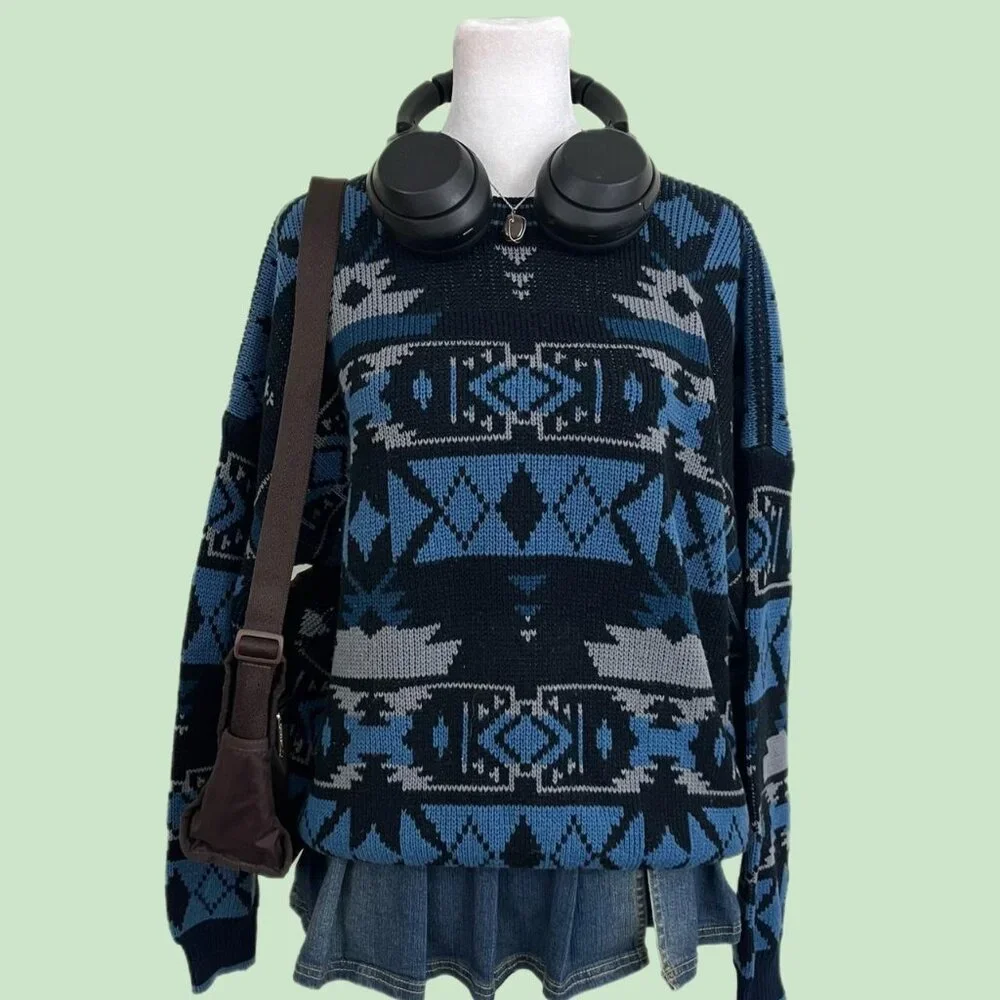vintage 90s geometric quirky retro indie boxy acrylic knit sweater